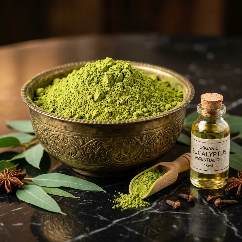 A close-up shot of pure, organic Rajasthani henna powder in a vintage brass bowl with essential oils, used for chemical-free bridal mehndi by Anmol Mehandi Art.