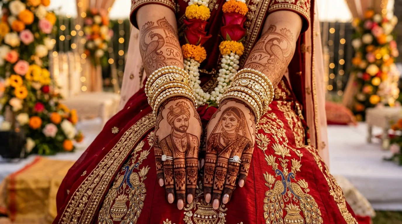 An intricate bespoke bridal mehndi design on an Indian bride's hands and forearms featuring detailed portraits of the couple, majestic peacocks, and traditional motifs, created by Anmol Mehandi Art, Noida.