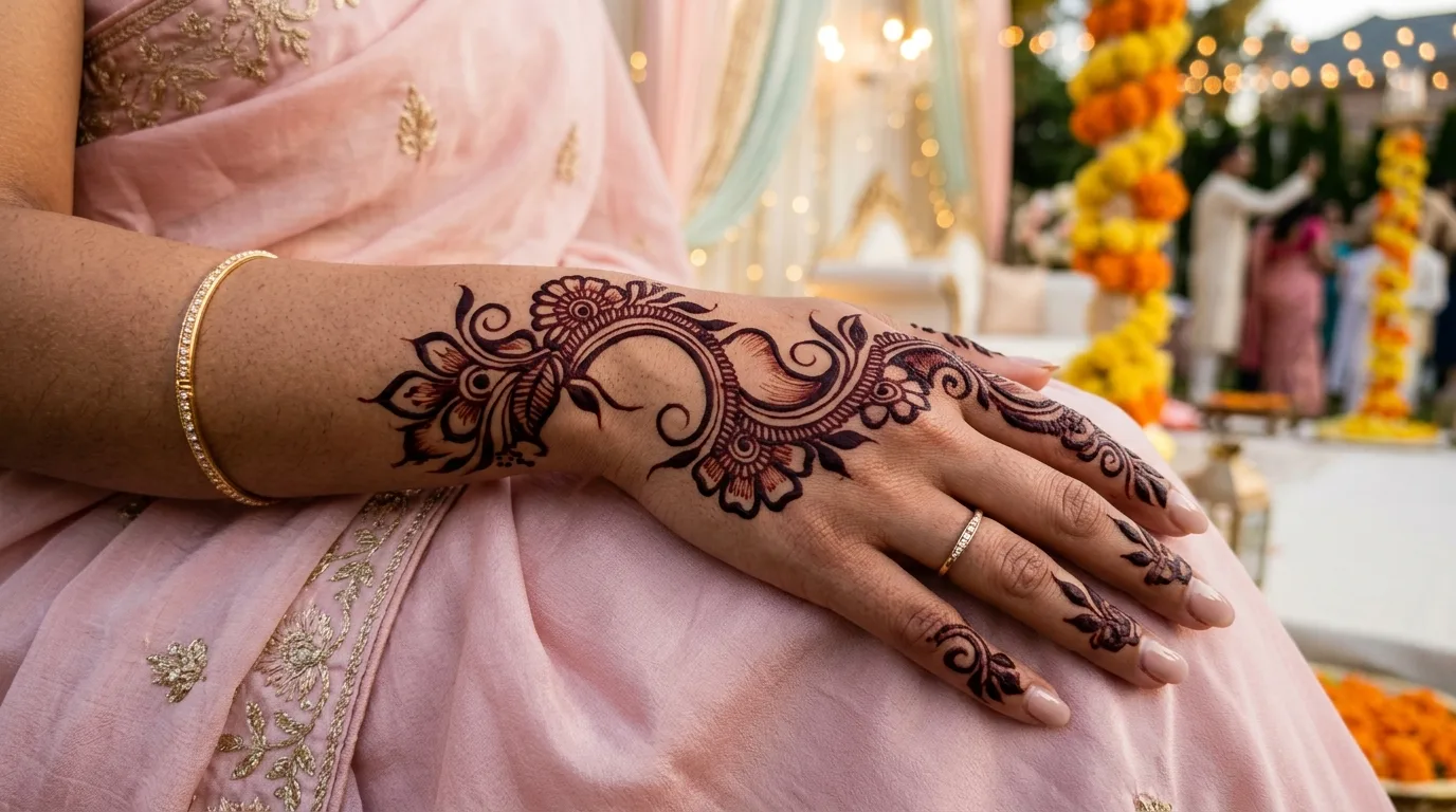 Close-up of a modern bridesmaid's hand showcasing an elegant Arabic mehndi design with bold lines, sweeping floral vines, and beautiful negative space, applied by Anmol Mehandi Art Noida.
