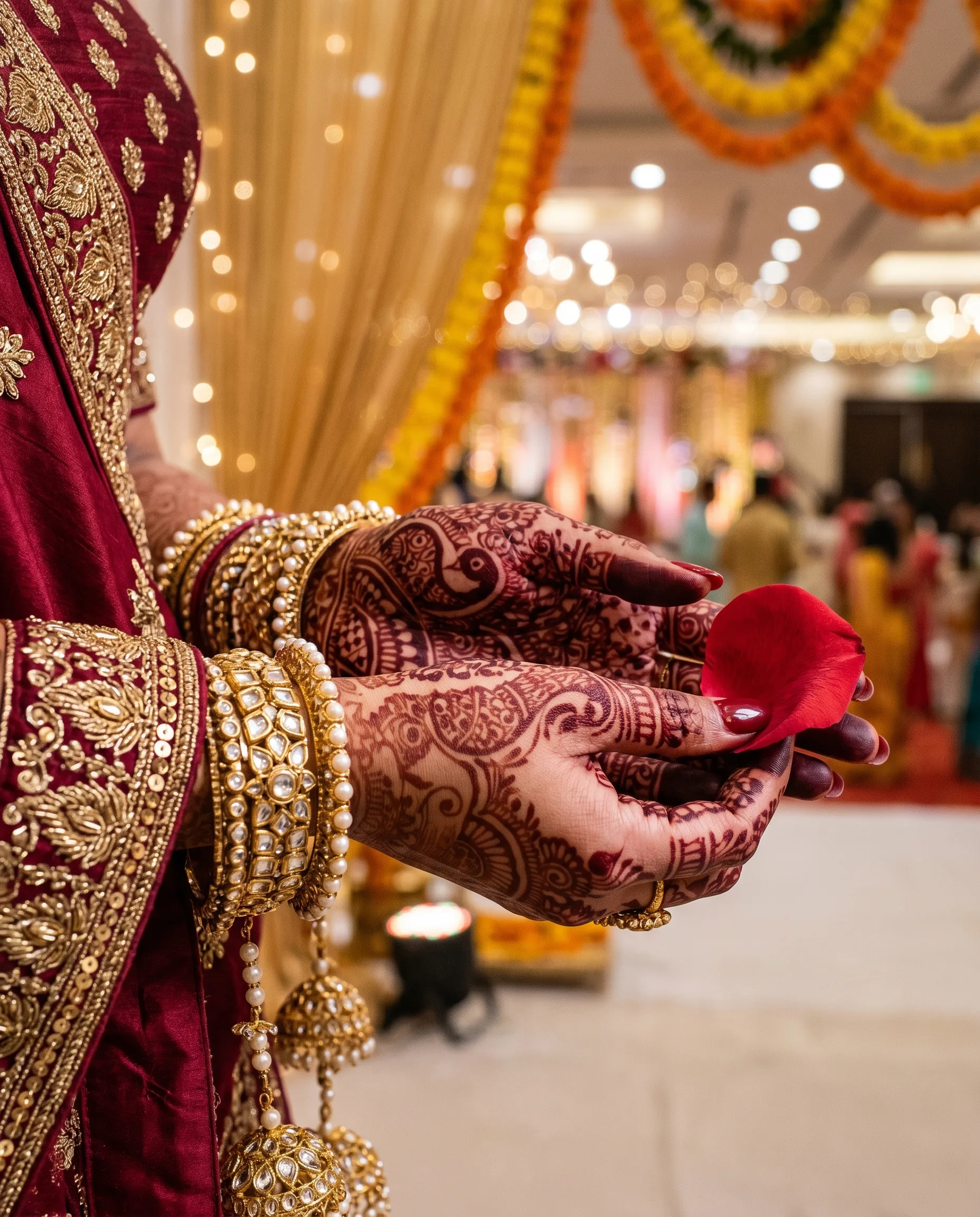 Intricate bridal henna design on hands with gold jewelry and a rose petal by Anmol Mehandi Art, the best mehandi artist in Sector 93, Noida.