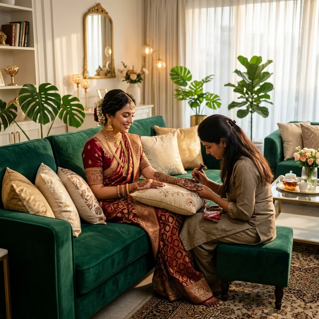 A relaxed and glowing Indian bride enjoying a luxury doorstep mehndi service at her home by a professional artist from Anmol Mehandi Art.