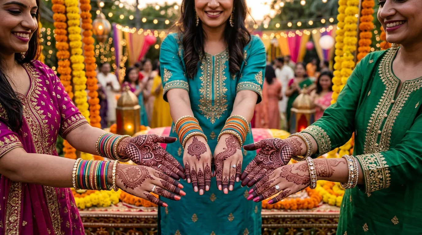 Beautiful hands of guests showcasing elegant festive mehndi designs with bangles during a vibrant Sangeet and Diwali celebration, styled by Anmol Mehandi Art Noida.