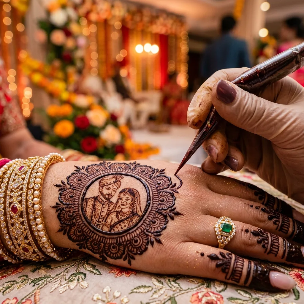 Extreme close-up of a flawless traditional mandala mehndi design being applied with unmatched precision by Anmol Mehandi Art, the best mehndi artist in Noida.