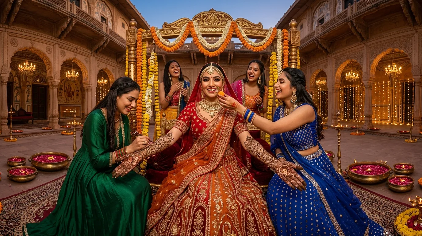 A highly detailed, ultra-realistic panoramic view of a luxurious Indian bridal mehndi ceremony featuring a beautiful bride and her bridesmaids. The bride's hands showcase intricate traditional dark maroon henna designs including lotus and peacock motifs, crafted by Anmol Mehandi Art. Surrounded by vibrant marigold floral decor, warm fairy lights, and wearing heavy traditional lehengas and kundan jewelry, the group of girls celebrates the joyous Sangeet and Mehndi ki Raat in a grand royal palace setting.